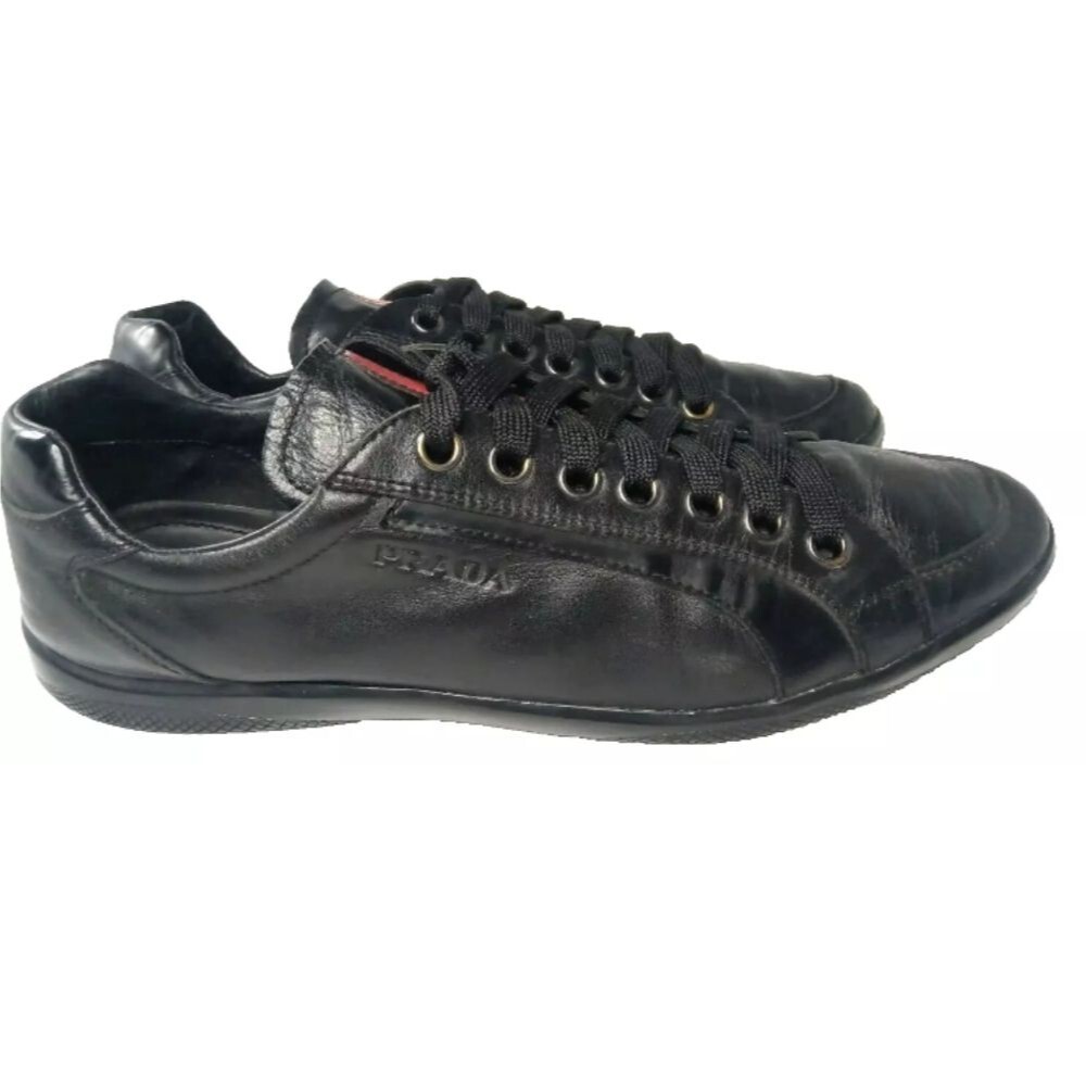 PRADA Men's Shoes Linea Rossa Black Leather Casual Shoes Size 10 4E Red Logo